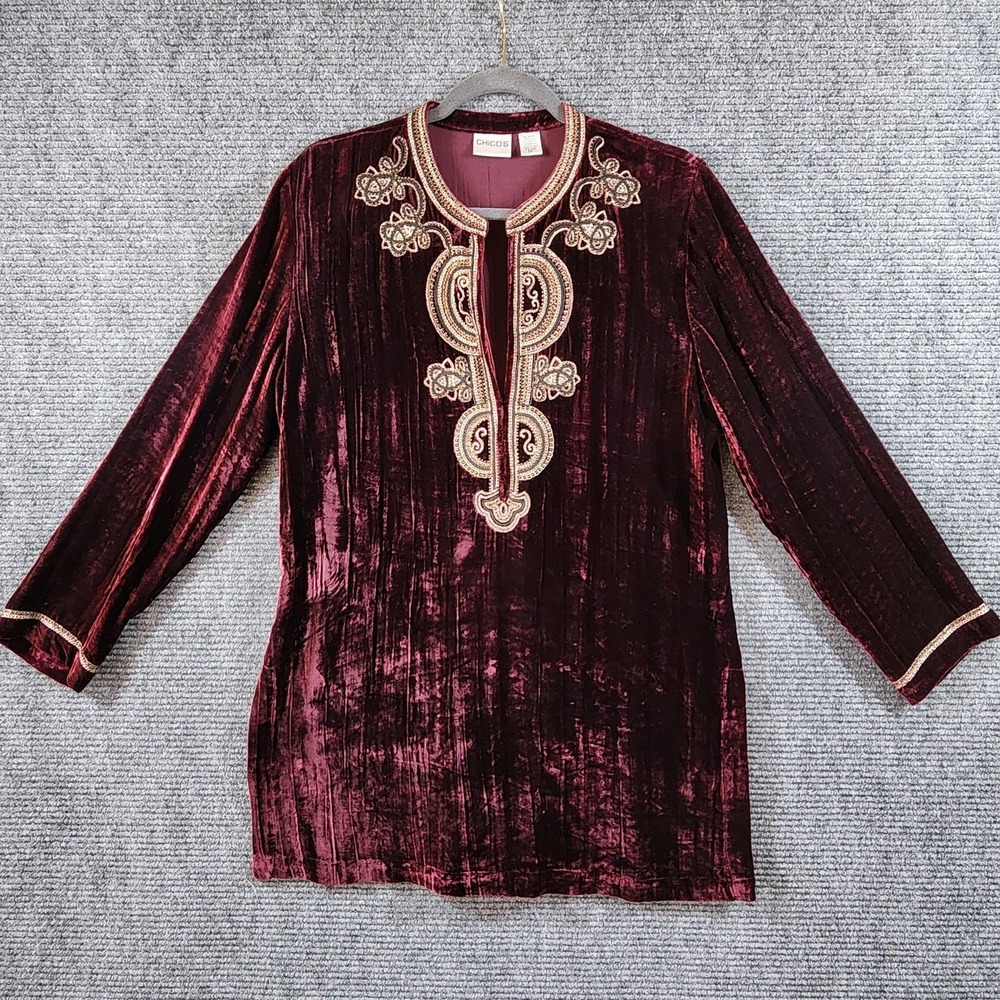 Chicos Silk Velvet Tunic Womens 1 Medium Red Beaded Embroidered Top Party